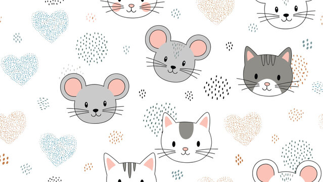 Cute seamless pattern with cartoon cat and mouse faces combined with hearts and dots on a white background for kids.