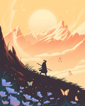 Warrior on the Mountain Trail: A solitary warrior stands on a mountain path under the setting sun. Butterflies flit around the lush hillside, offering a peaceful counterpoint to the warrior's journey.