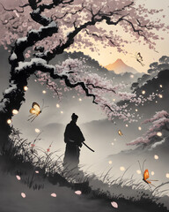 Obraz premium Sakura Solitude: A solitary samurai stands amidst a serene scene of blooming sakura, framed by misty mountains and fluttering butterflies.