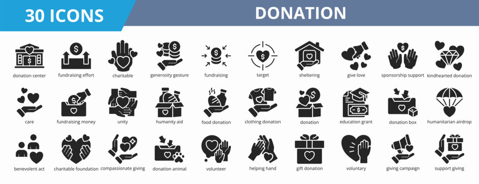 Set of glyph style donation icon. A collection of icons suitable for web and mobile application. Including donation center, fundraising effort, charitable, generosity gesture, and more.