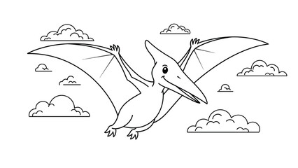 Cute cartoon pterodactyl dinosaur flying in the sky among fluffy white clouds in black and white line art style. © MD