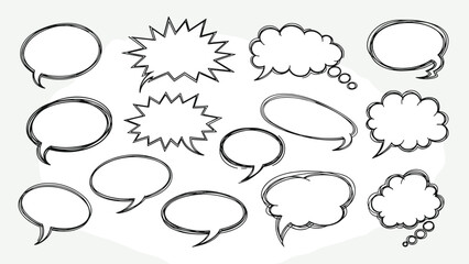 Fototapeta premium Collection of hand drawn sketchy comic speech bubbles and thinking clouds in black ink on a plain white background.