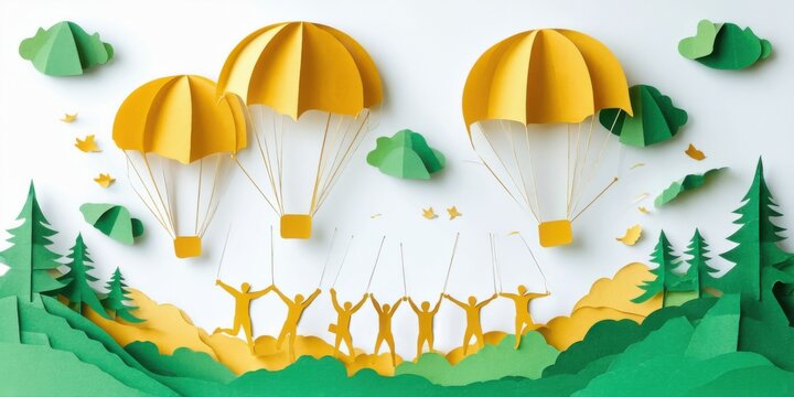 Papercraft scene depicts parachutists descending over forest. People celebrate below, joyful atmosphere present. Bright colors dominate composition.
