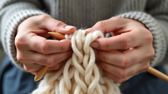 High-quality 4K stock video footage of a relaxing indoor hobby showing a person knitting with soft chunky white yarn in close up