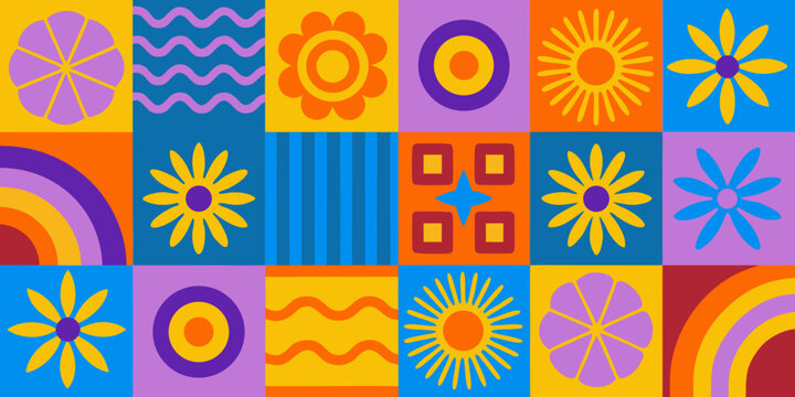 A vibrant grid of colorful geometric and floral abstract shapes
