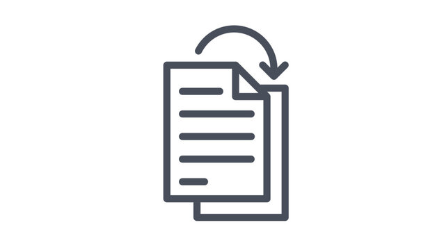 Minimalist black vector icon of two stacked document pages with a curved arrow pointing downwards, representing file duplication, copying, data backup, or document versioning processes in a clean