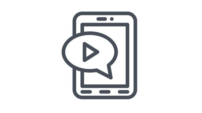 Vector icon illustration of a smartphone with a speech bubble containing a play button, representing mobile video messaging, online streaming, digital communication, and multimedia content.
