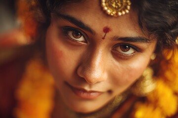 Fototapeta premium Hindu woman with bindi and gold jewelry