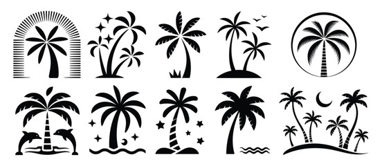 Boho Palm Tree Doodle Set, Hand Drawn Bold Silhouette Elements, Hippie Style Tropical Palm Icons for Posters, Stickers, Branding and Trendy Design Vector Illustration Collection © LEECOO STUDIO