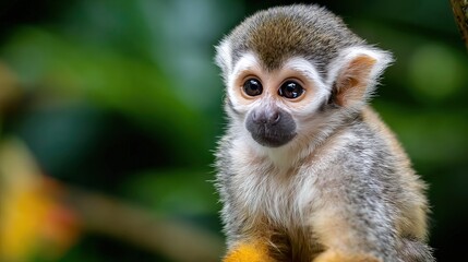 Obraz premium Emotional Support Monkey Sitting on a Branch in a Green Forest Setting During Daylight