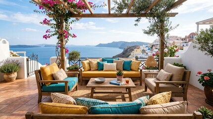 Obraz premium Sunlit mediterranean terrace seating area with sea view for summer outdoor background, holiday villa banner and relaxation design