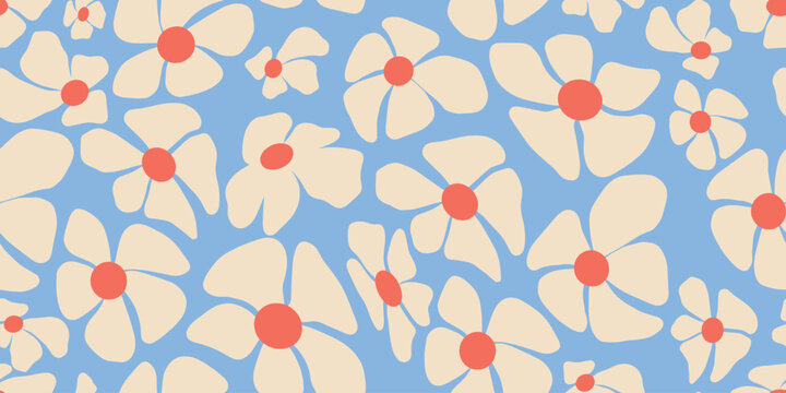 Seamless retro floral pattern with white daisy flowers and orange accents on blue background. Inspired by 70s flower power style, perfect for textile and wallpaper design.