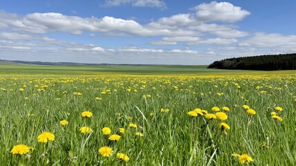 Fototapeta premium Flowers Bloom in Field Welcoming First Day of Spring on Sunny Day in Countryside