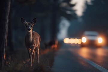 Obraz premium Deer in car headlights on forest highway