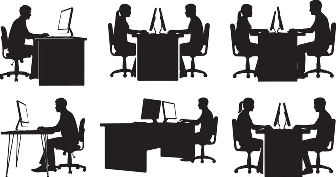 People working on computers at desks side view Silhouette vector illustration