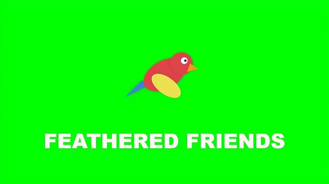 A red cartoon bird with yellow wings flies above the text feathered friends in a 2D animation.