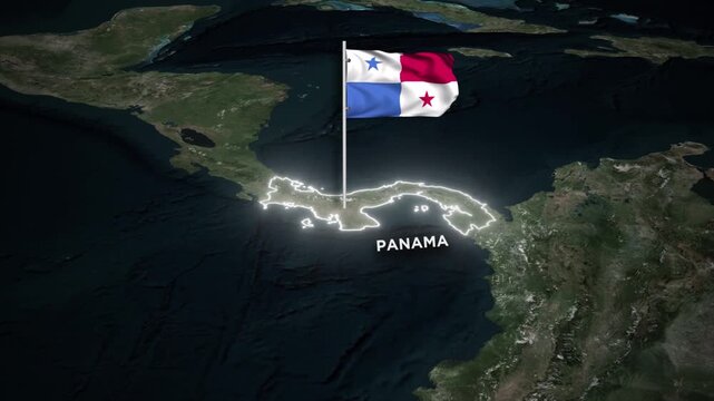 Panama Map Animation with 3D Waving of Panama National Flag and Glowing Border Animation on World Map