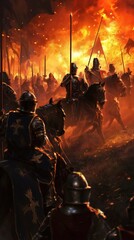 Obraz premium Jousting Tournament With Fire and Dramatic Lighting in a Medieval Setting