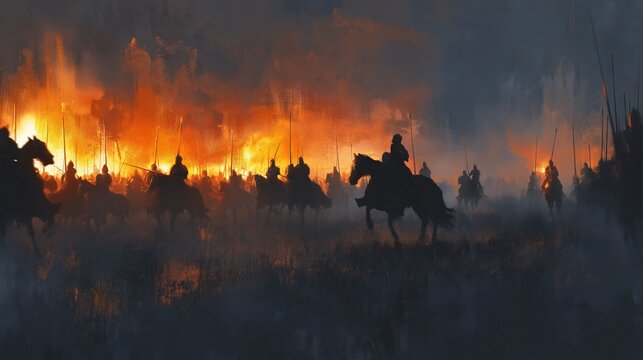 Jousting Tournament With Fire and Dramatic Lighting in the Night Sky
