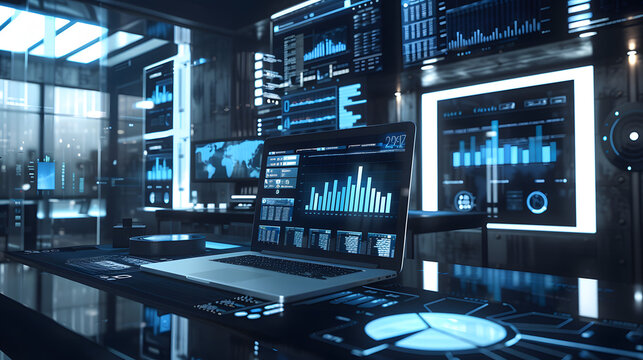 Futuristic data analytics control room with multiple dashboards big data visualization and business intelligence concept