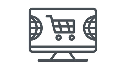 Global e-commerce and online shopping vector icon illustration featuring a computer monitor with a shopping cart and world globe symbols, representing digital marketplace and international trade. © MostSabineYesmin