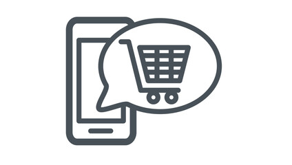 Black vector icon illustration of a smartphone with a speech bubble containing a shopping cart, symbolizing mobile e-commerce, online shopping apps, digital retail, and consumer technology. © MostSabineYesmin