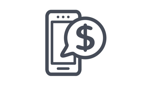 Mobile banking and digital payment vector icon illustration featuring a smartphone with a dollar sign speech bubble symbol for financial transactions, money transfers, and e-commerce apps.