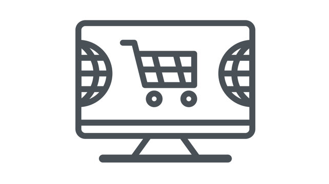 Global e-commerce and online shopping vector icon illustration featuring a computer monitor with a shopping cart and world globe symbols, representing digital marketplace and international trade.