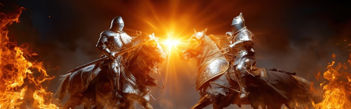 Knights Clash in Tournament With Lances Amidst Fire and Dramatic Backdrop of Combat