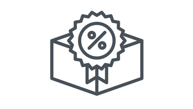 Minimalist black vector icon illustration of a cardboard box package with a percentage discount badge seal on top, representing a special offer, sale, promotion, or shipping discount for retail.