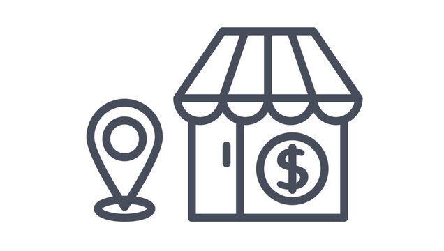 Minimalist black line vector icon of a retail shop building with a striped awning, a dollar sign on the storefront, and a map location pin, symbolizing local commerce and business location.