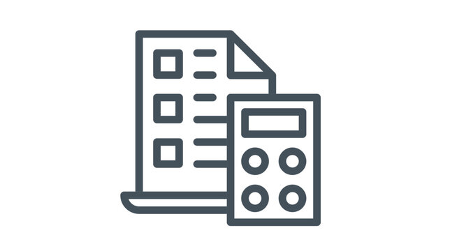 Minimalist black line vector icon illustration of a calculator and a checklist document, representing accounting, financial planning, tax calculation, business reporting, and data analysis.