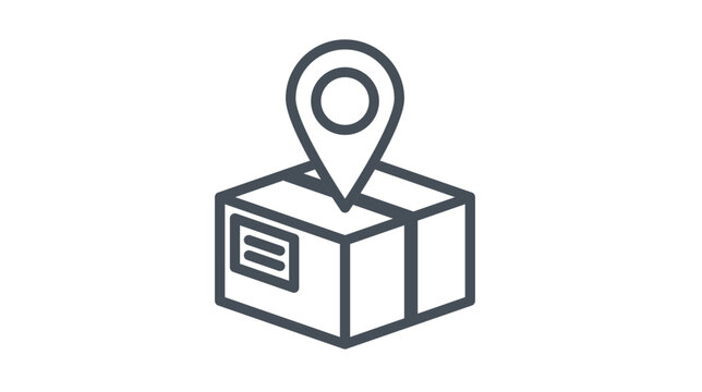Package tracking and delivery location vector icon illustration. Minimalist black line art symbol of a cardboard box with a GPS map pointer pin, representing shipping destination and logistics.