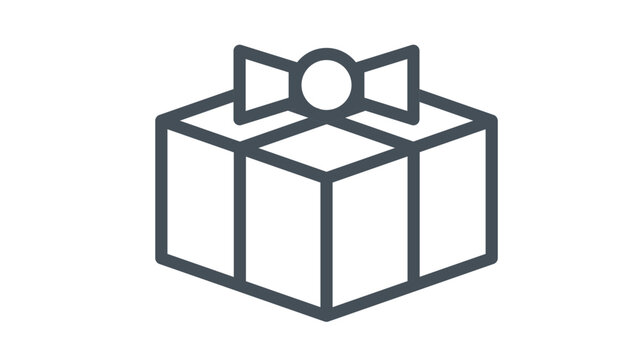 Minimalist black vector icon illustration of a gift box with a ribbon and bow, symbolizing a present, surprise, or package for birthdays, holidays, Christmas, anniversaries, and celebrations.