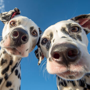 Close-Up Low Angle Portrait of Two Curious Dalmatian Dogs Peering Down into the Camera Lens Against a Clear Blue Sky Backdrop, Funny Wide Angle Perspective of Spotted Pets Faces and Wet Noses