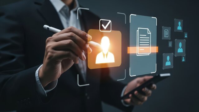 Businessman interacts with a holographic display of user profiles and digital documents.