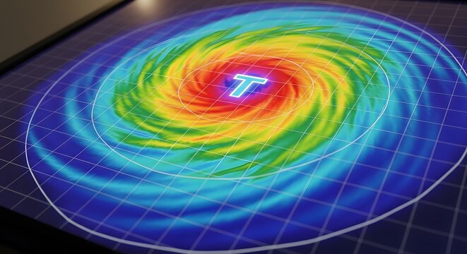 Modern meteorological interface showing a swirling storm system with heat map gradients. A professional visualization of weather tracking technology, air pressure zones, and storm prediction
