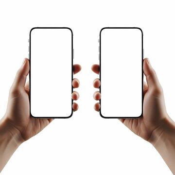Two hands holding smartphones side by side in a parallel alignment