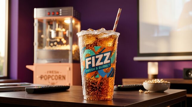 Iced cola cup with fizz label on a cinema table near popcorn machine for movie theater banner or concession background use