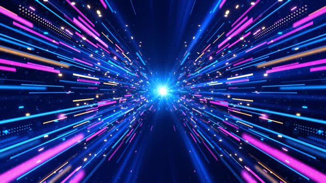 Abstract blue neon glow Speed light in galaxy. Sci fi flow Data Explosion universe. Space background for event, party carnival, celebration, anniversary artificial intelligence tunnel space cyberspace