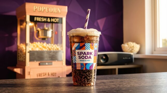 Spark soda cup with colorful branded label and ice in front of a popcorn machine for cinema poster or refreshment background design