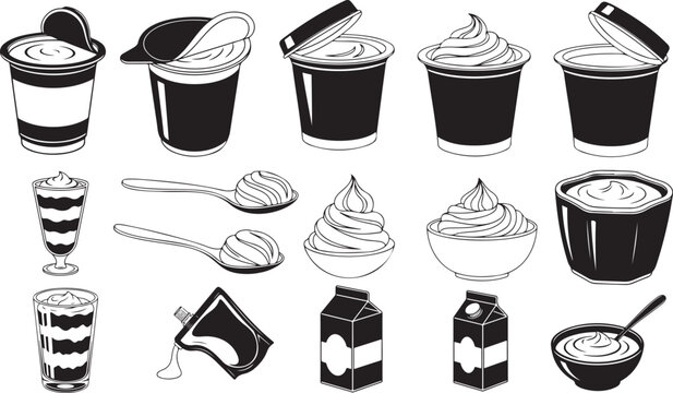 Yogurt in various containers and serving styles. Black and white Yogurt in various containers and serving styles.