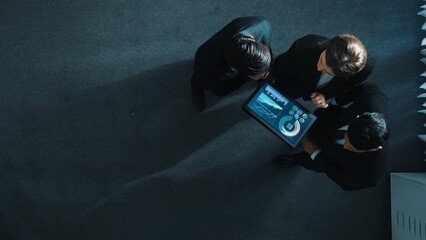 Top down aerial view of skilled businessman joined a team and shake hands with executive manager....