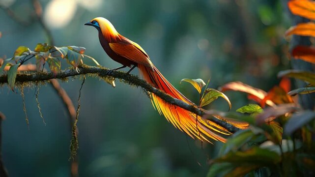 Seekor macaw merah dan kuning yang cantik hinggap di cabang pohon hijau bersama burung cendrawasih dan burung pekakak dalam balutan bulu fauna liar berwarna-warni yang mempesona di alam margasatwa