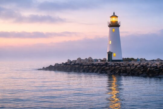 Lighthouse on rocky shore at sunset with glowing light over calm sea