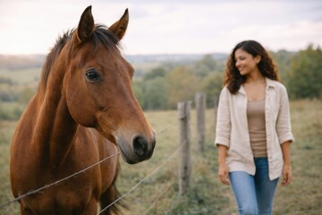 Fototapeta premium Brown horse standing in countryside field with woman walking nearby in rural landscape