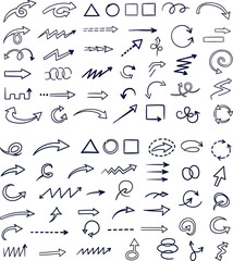 Obraz premium Collection of hand drawn doodle arrows and basic geometric shapes for graphic design with direction straight movement collection illustration