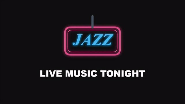 Glowing neon jazz sign flickering on and off with live music tonight text for a bar or club.