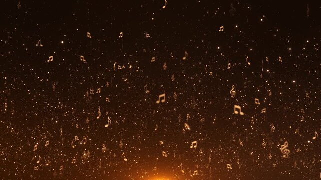 Elegant golden music notes concert event background gold particle dust, Award nomination ceremony luxury background glitter sparkles, lines and bokeh. presentation shiny poster. Film music festival