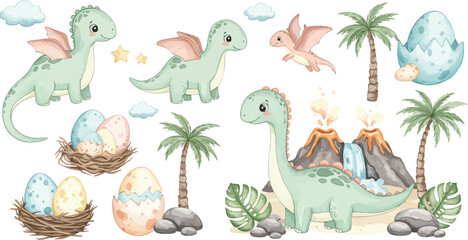 Obraz premium Funny cartoon vector illustration of a wild baby dinosaur with a chicken and eggs, a yellow Easter bunny, and a green snake in a blue nature zoo